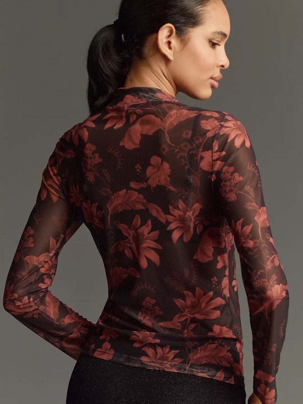 Anthropologie Yzk 2000 Retro Sheer Floral Mesh Long-Sleeve Turtleneck in Rust - Picture 10 of 11